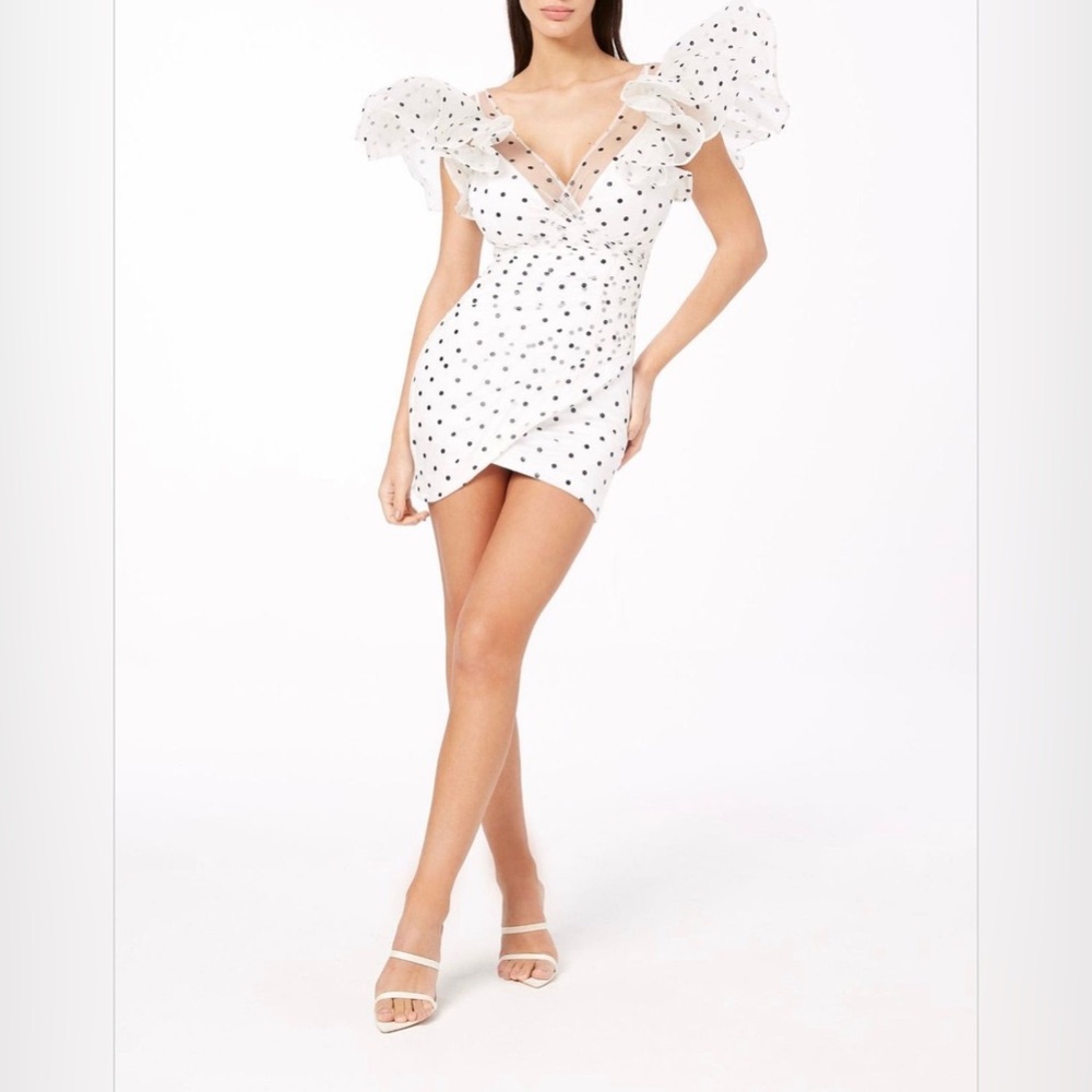 Elegant White Polka Dot Mini Dress with Ruffles